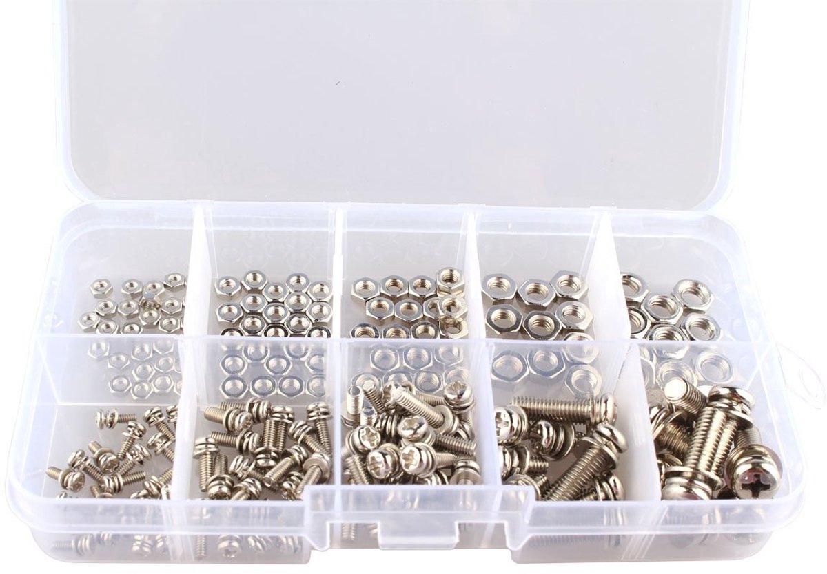 Dailygoods- Schroeven Assortiment 160 Stuks - Stalen Schroeven - Zeskantmoeren - Vernikkeld - Gepolijst - Plastic Doos - Schroefset