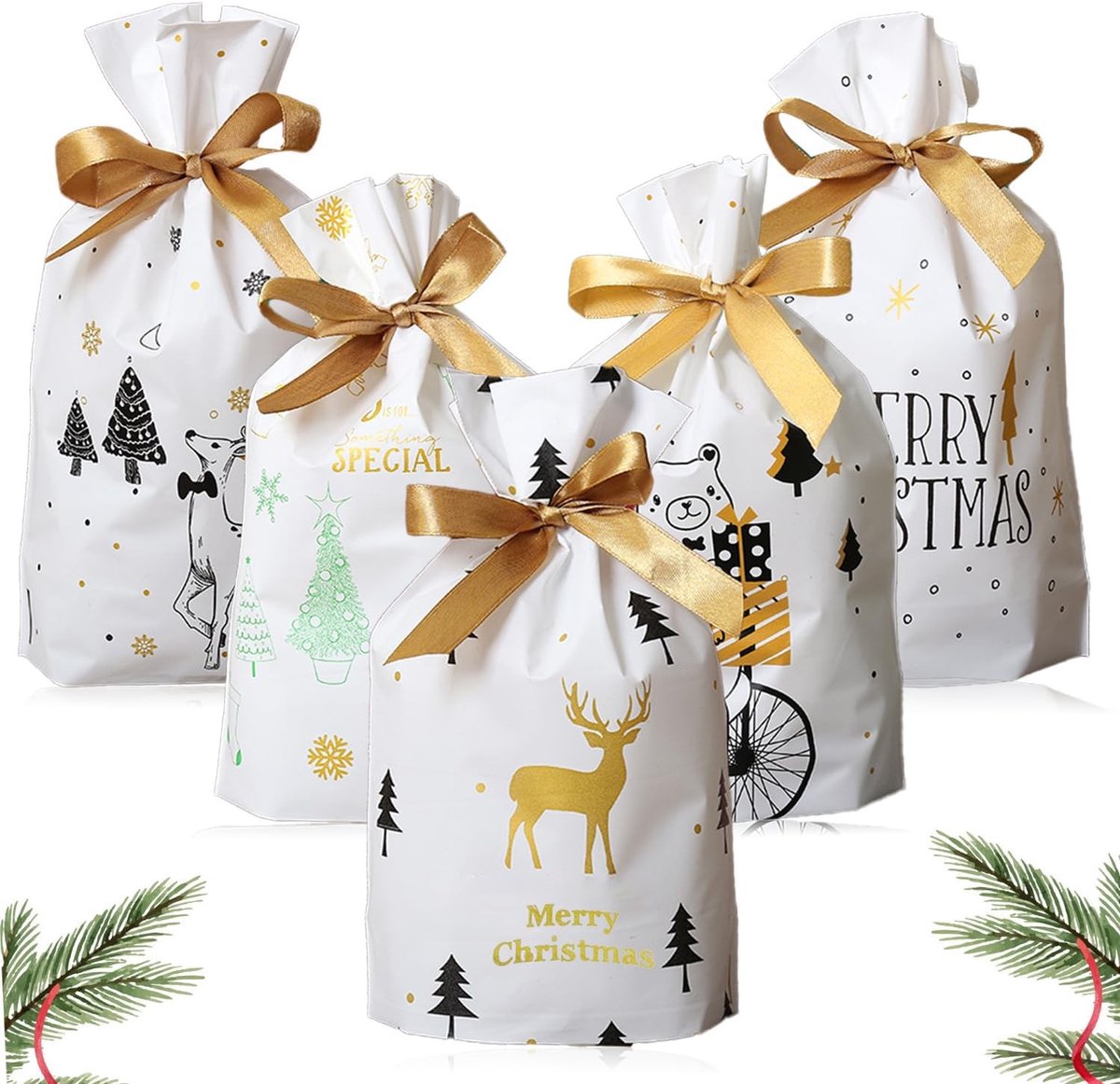 Dailygoods- Cadeauzakjes 50 Stuks - Kerstgeschenkverpakking - Snoepzakjes - Inpakzakjes - Plastic Zakjes - Trekkoord Sluiting - Praktisch Ontwerp - Geschenkzakjes