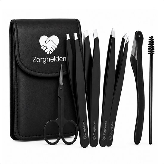 Een zwarte lederen etui met het Zorghelden logo, naast een set van zwarte wenkbrauwverzorgingstools.