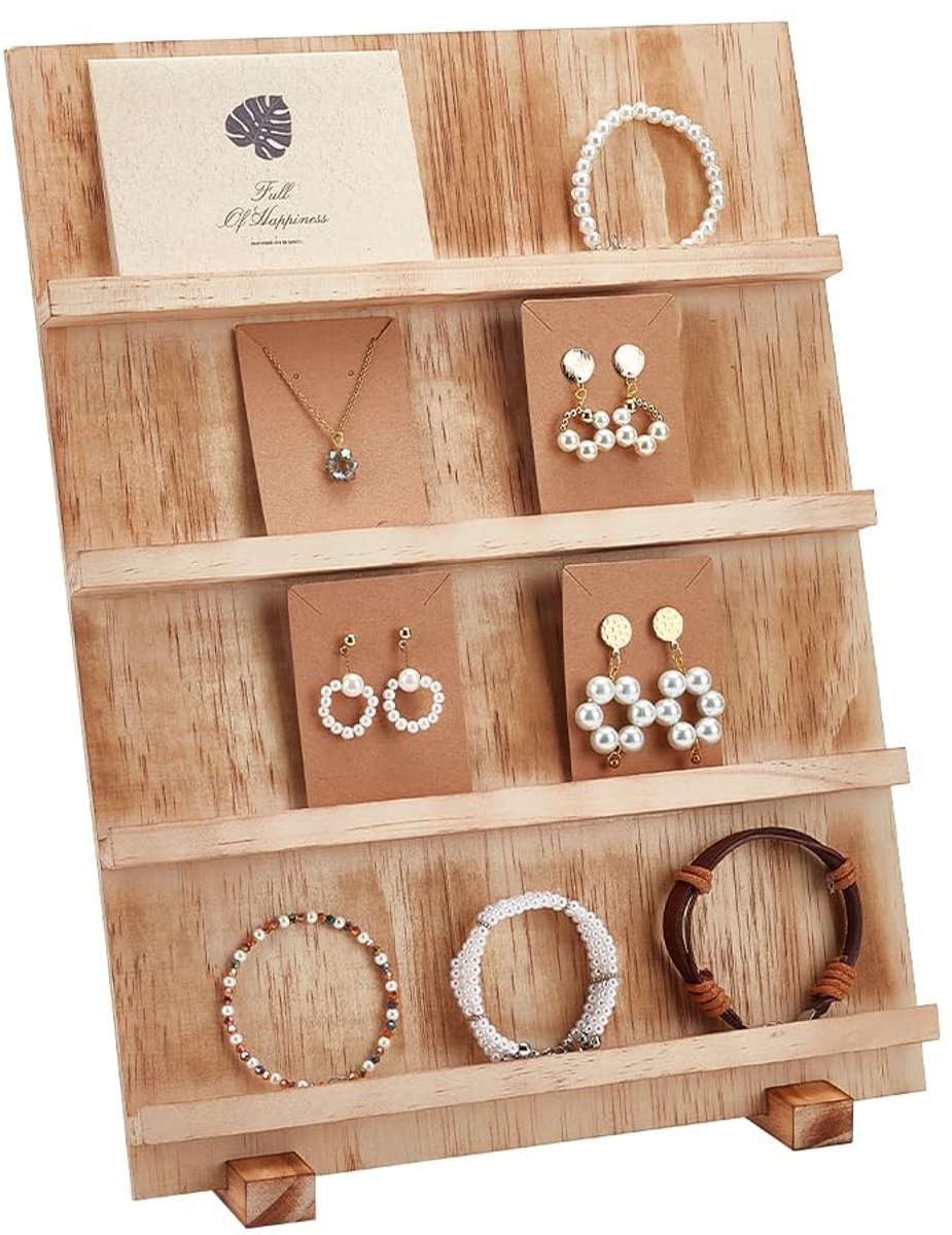 Dailygoods- Sieraden Display 4-Tier Houten Stand - Oorbellenrek - Sieradenhouder - Sieradenstandaard - Retail Sieraden Display - 30 cm lang, 39,7 cm hoog - Sieradenrek