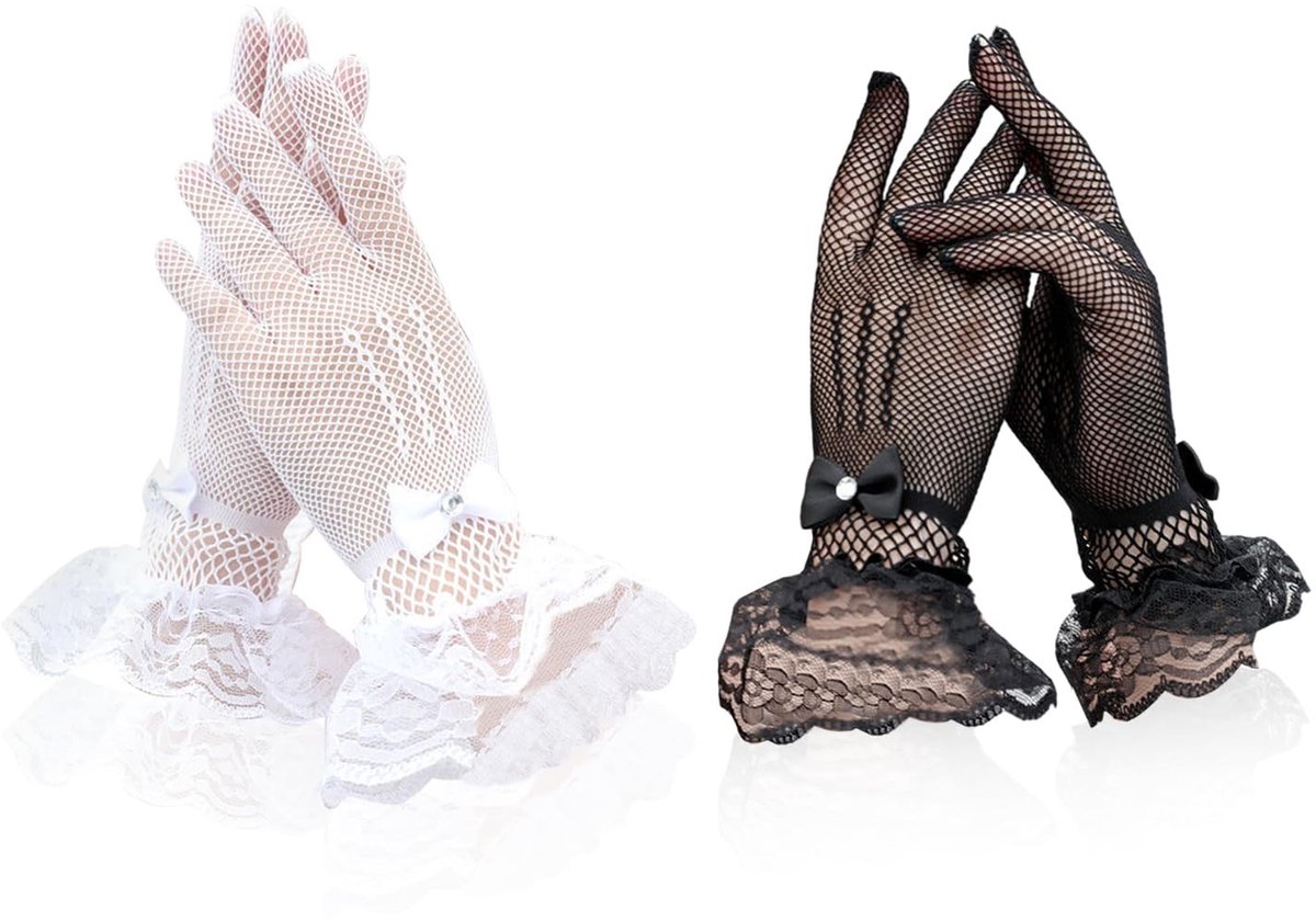 Dailygoods- Handschoenen - 2 Paar - Kanten - Ademend - Spandex - Hoge Elasticiteit - Zwart/Wit - Kantenhandschoenen
