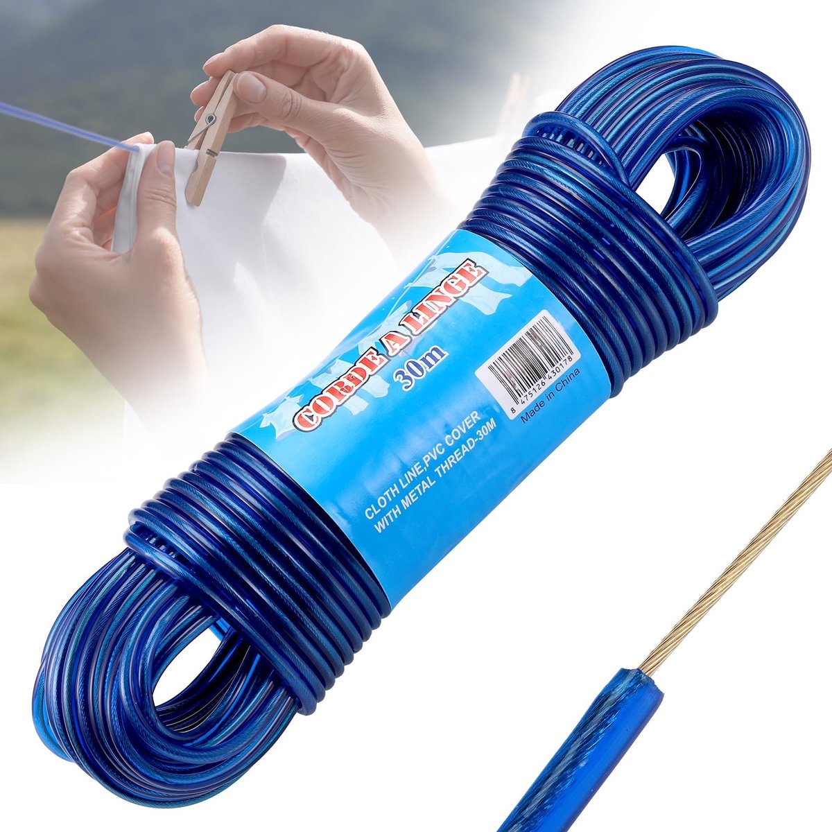 Dailygoods- Waslijn 30 Meter - Zware Kledinglijn met Stalen Kern - Roestvrij en Waterdicht - Sterke Draad 4 mm - Duurzaam en Geschikt voor Buiten