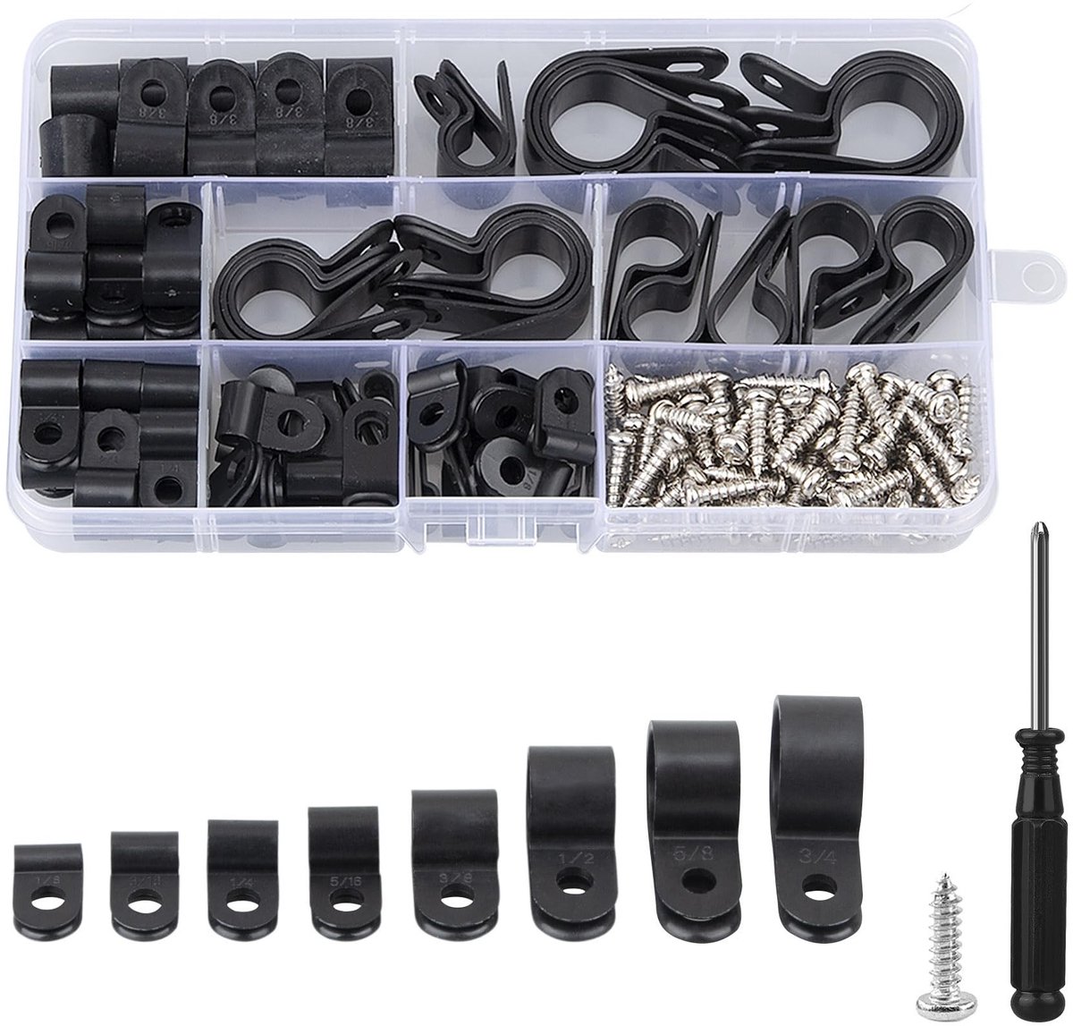 Dailygoods- Kabelklemmen Set 151 Stuks - Nylon R-Type - Inclusief Schroevendraaier - 75 Schroeven - 8 Maten - Corrosiebestendig en Brandwerend - Kabelclips