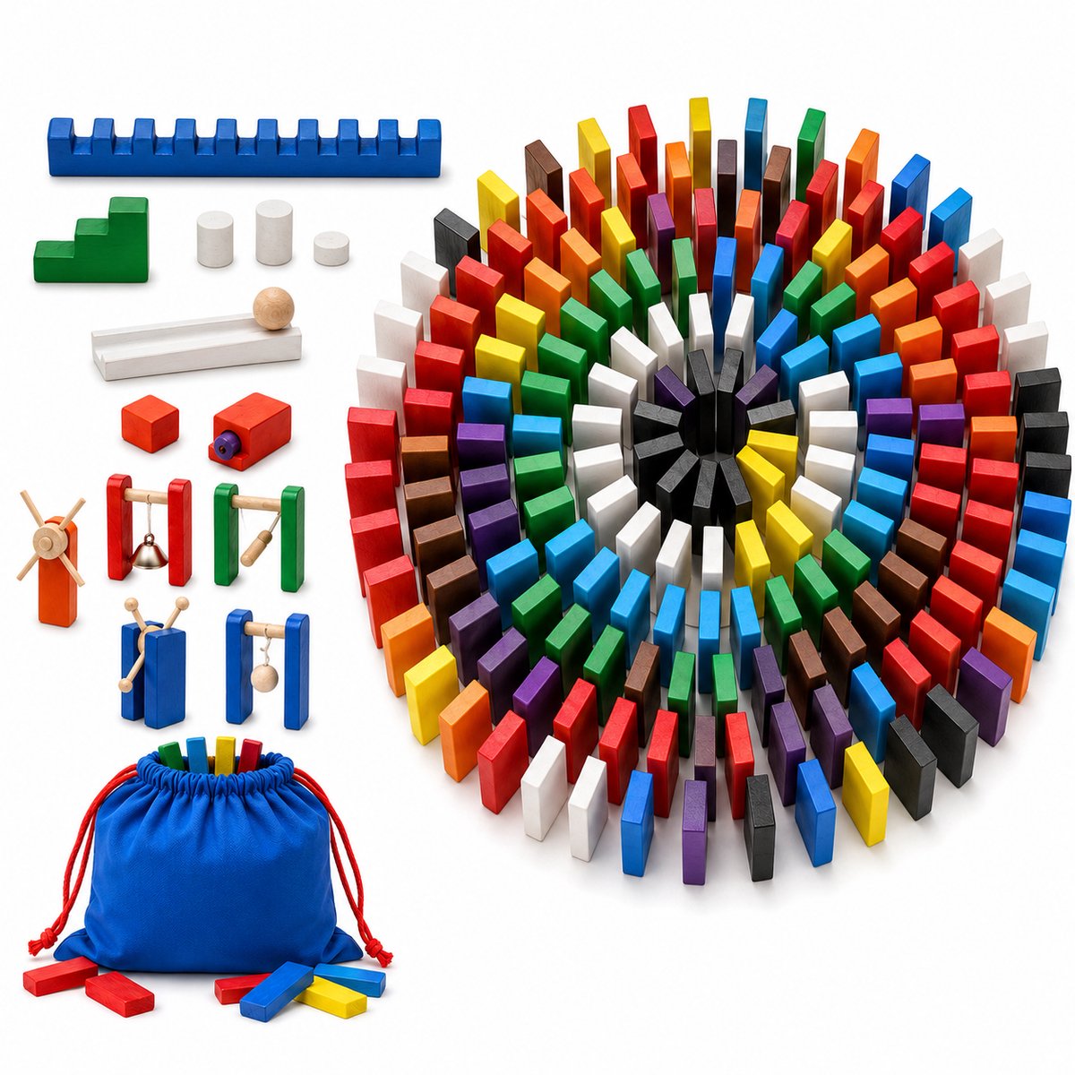 Enluxe Houten Domino Set 360 Stuks + Accessoires – Educatief Bouw- & Behendigheidsspel met Opbergzak – Multicolor