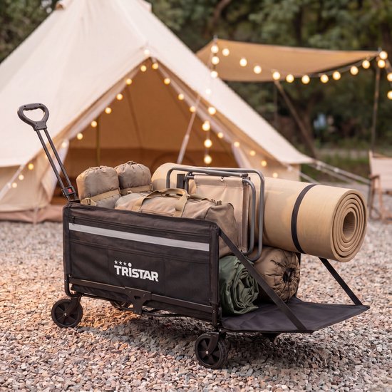 Tristar Bolderkar Opvouwbaar – 120 L – 100 kg Draagvermogen – Staal – Zwenkwielen – Inklapbare Bolderwagen Met Laadklep - Incl. Waterdichte Hoes - Compact - Festival - HC‑0917 — afbeelding 5