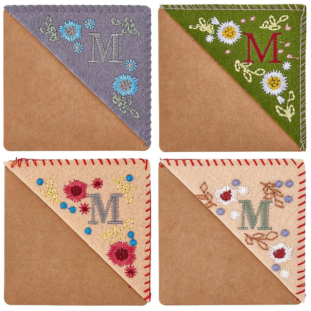 Dailygoods- Bladwijzer Geborduurd - 4 Stuks - Gemengde Kleuren - Driehoek/Vierkant - 96 x 96 mm - Elegant Bloemenmotief - Boekenlegger