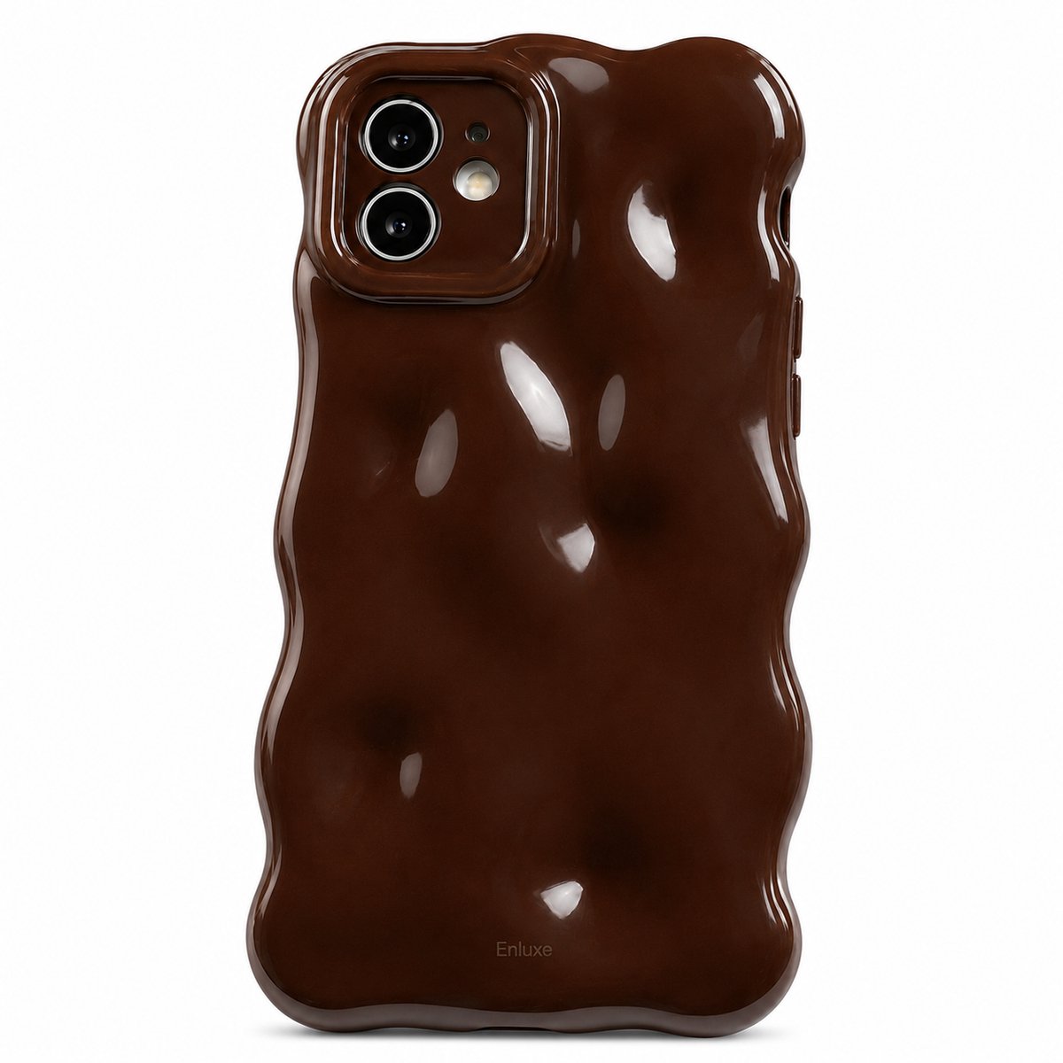 Enluxe Mocha Wave Case geschikt voor iPhone 16 – Luxe Mocca Bruin Telefoonhoesje – Glanzend Reflecterend Golfdesign – Schokbestendig & Krasvrij – Premium Beschermhoesje met Camerabumper