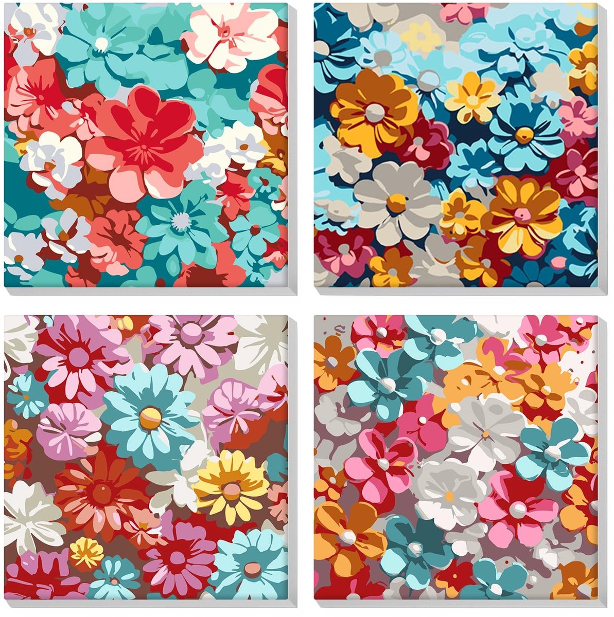 Dailygoods- Schilderen op Nummer - Set van 4 Bloemen - Canvas 20 x 20 cm - Doe-het-zelf Wanddecoratie - Voor Volwassenen/Beginners - Eenvoudig Patroon - Verfset