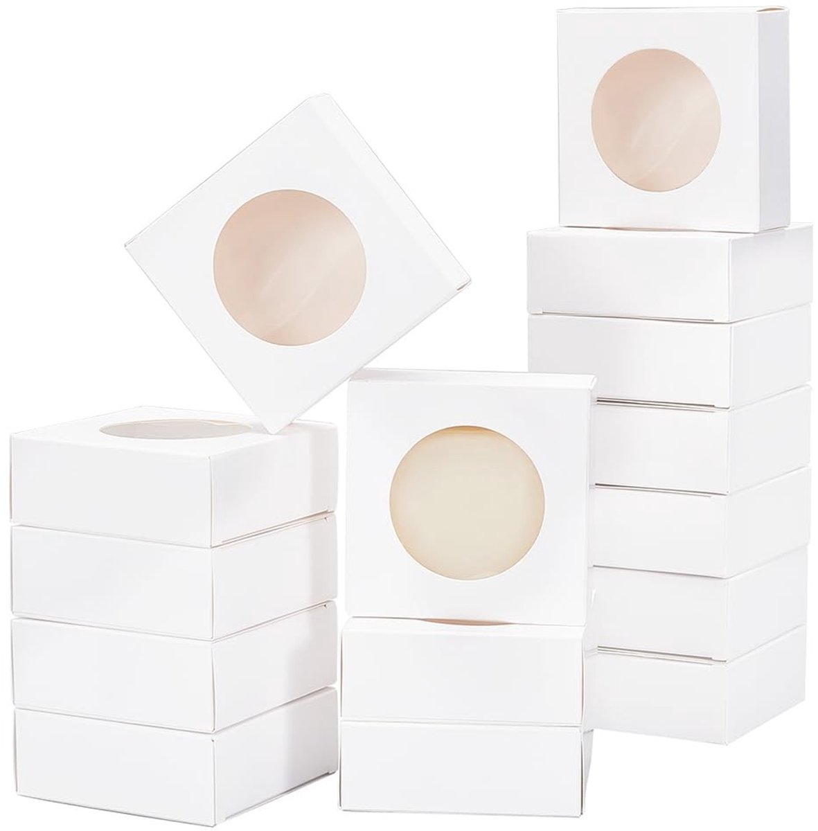 Dailygoods- Papieren Dozen 24 Stuks - Vierkante Kraftdozen - Geschenkdozen met Deksel - Ronde Venster - 8 x 8 x 3 cm - Duurzaam Materiaal