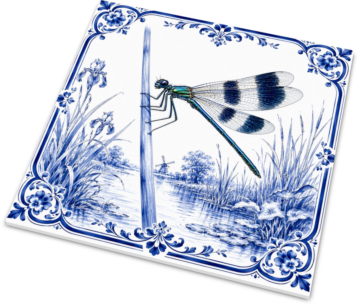 Delft Blue Series Tegeltje - Weidebeekjuffer (Calopteryx virgo) - Hollandse Waterkant Deco