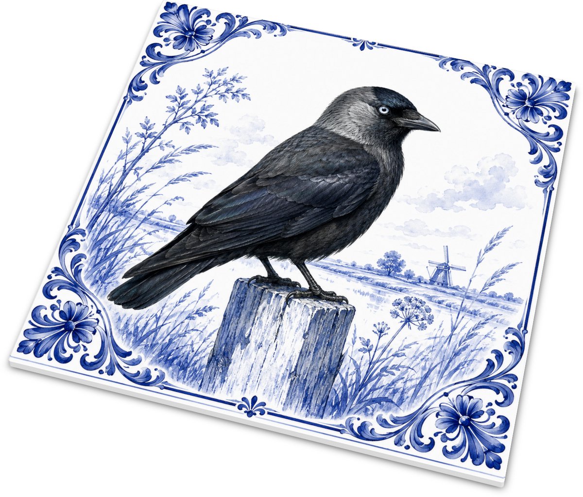 Tegeltje - Kauw (Coloeus monedula) - Decoratie Wandtegel Glanzend - Delfts Blauw Kunst - D