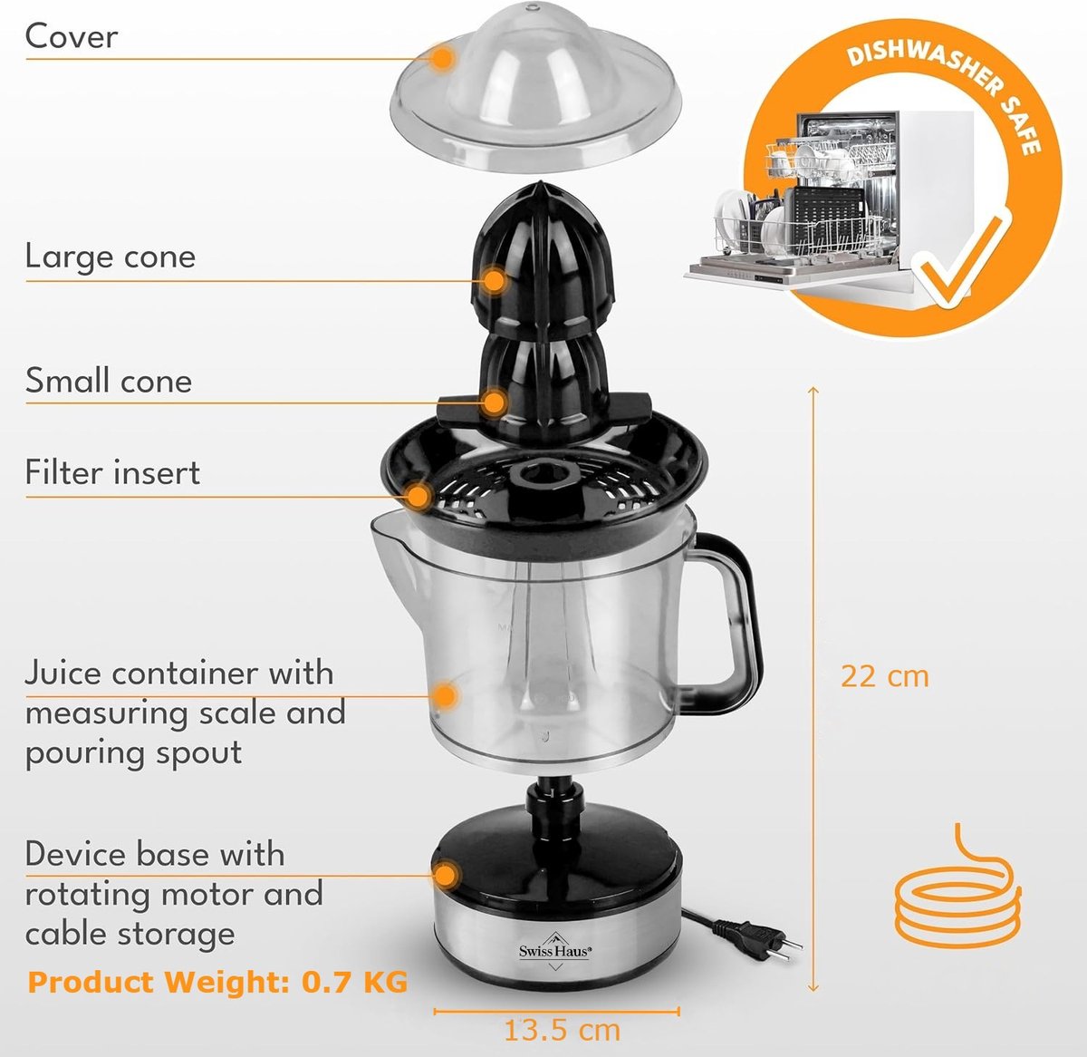 Swiss Haus® CJ2140 Citruspers Elektrisch - 40W – 1L Sapreservoir – Sinaasappelpers - 2 Draairichtingen – Fruitpers met Pulpfilter & 2 perskegels – Compact – Koper thumbnail 5