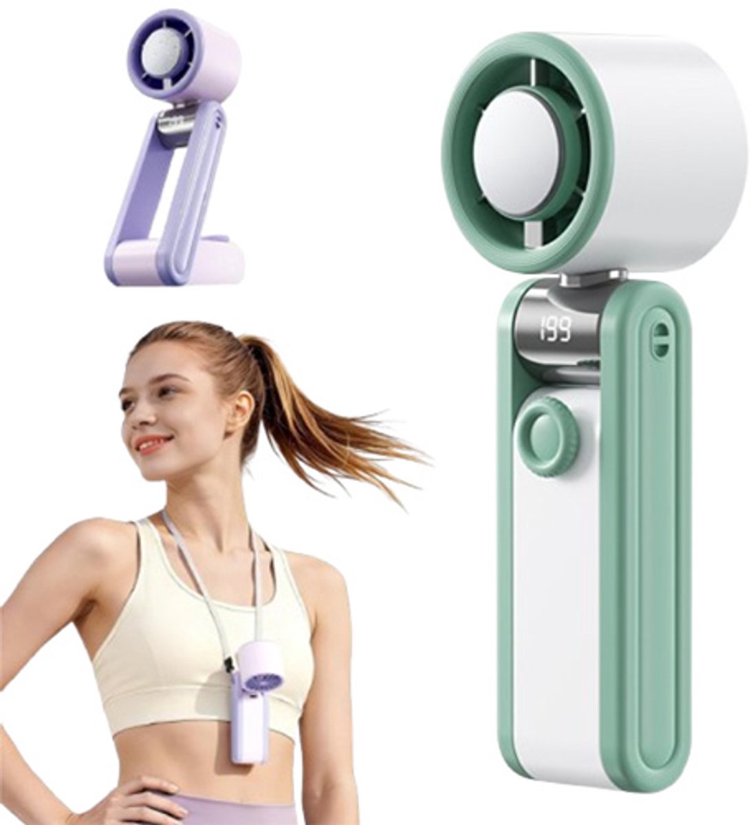 3-in-1 Miniventilator – Handheld ventilator - USB ventilator - Nekventilator - IJskoude koelfunctie – 199 Snelheidsinstellingen – 3600mAh Accu – Draagbare ventilator voor reizen, thuis & op kantoor – 5,8 x 5,1 x 18,2 cm – Groen