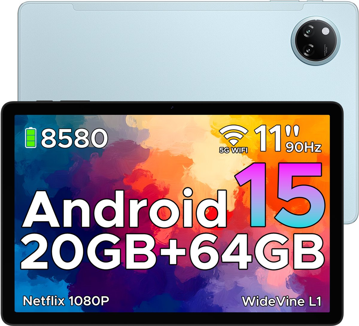 DOOGEE TAB A9+ - Tablet - 20GB RAM + 64GB ROM(2TB/TF) - 11 inth HD IPS 90Hz - Android 15 - 8580 mAh - Unisoc T7200 - 5G WiFi - Dubbele luidsprekers- Face ID - Blauw