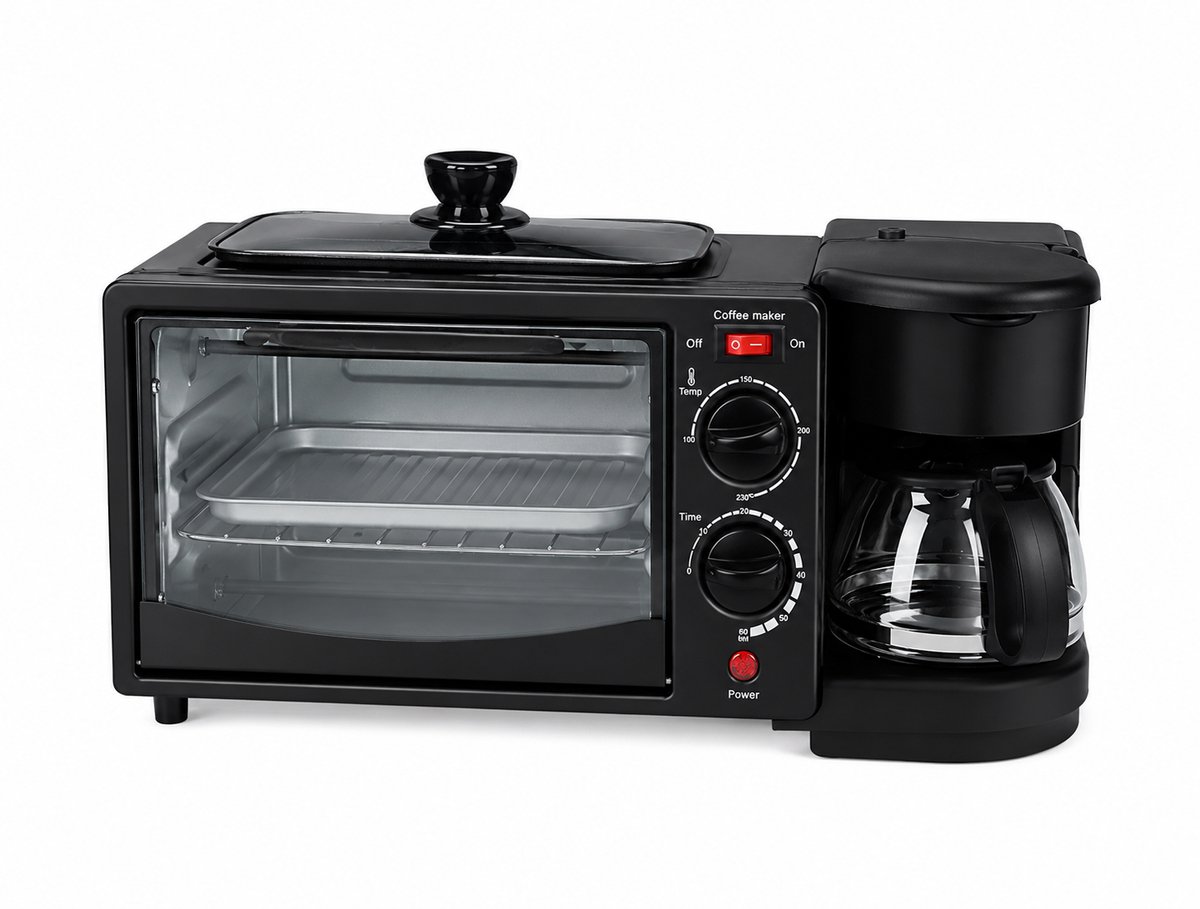 3-in-1 Ontbijtstation - Mini Oven 9 Liter - Koffiezetapparaat 600ml - Broodrooster en Bakplaat - Multifunctioneel Keukenapparaat - Zwart - Temperatuurregeling 100-230°C - Voor Ontbijt, Brunch en Kleine Keukens