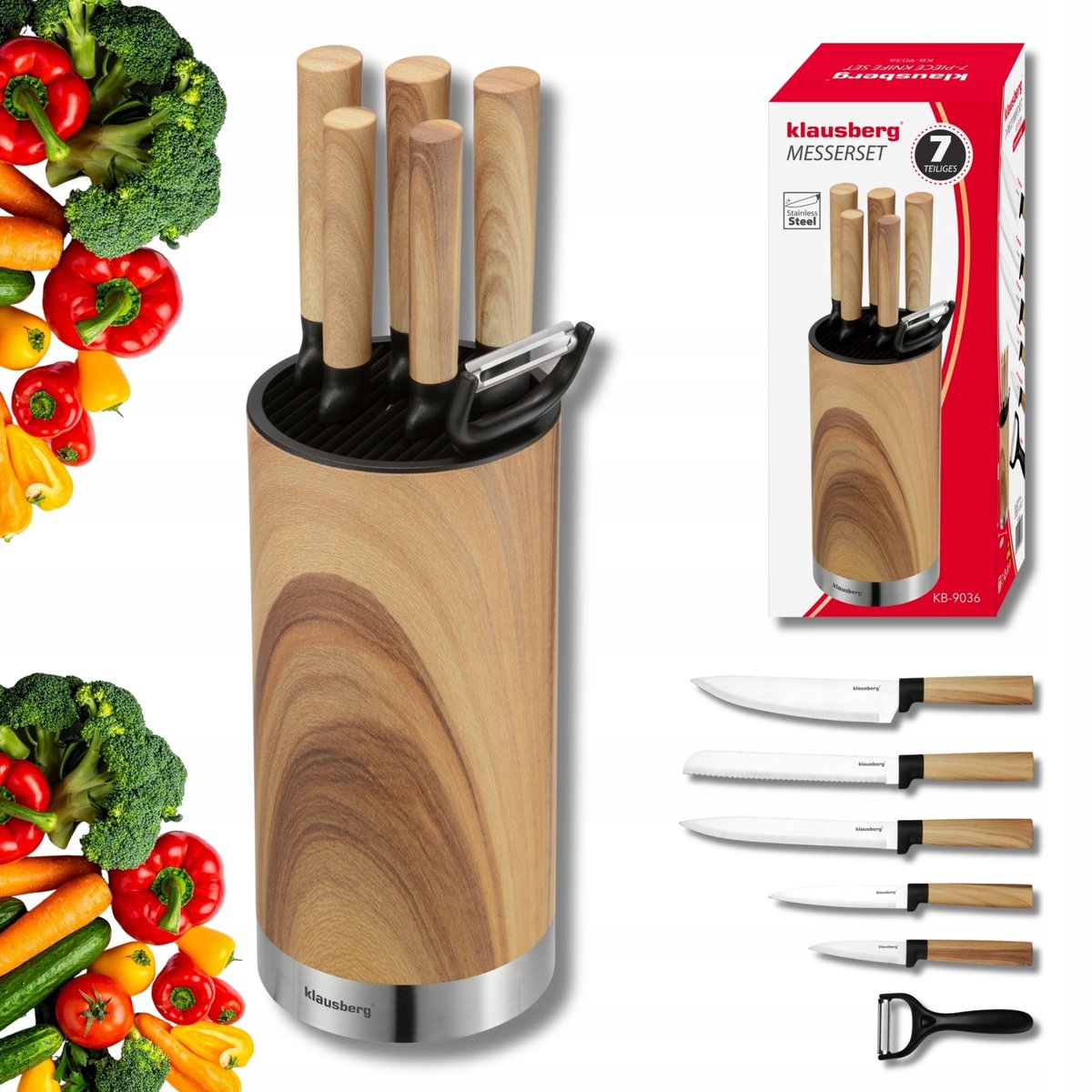 Klausberg - Messenset - 7-Delige - Keukenmessenset - 5 RVS Keukenmessen - Groenteschiller - Messenhouder - Keukenaccessoires met Dunschiller en Messenblok - Natuurlijk Houtlook