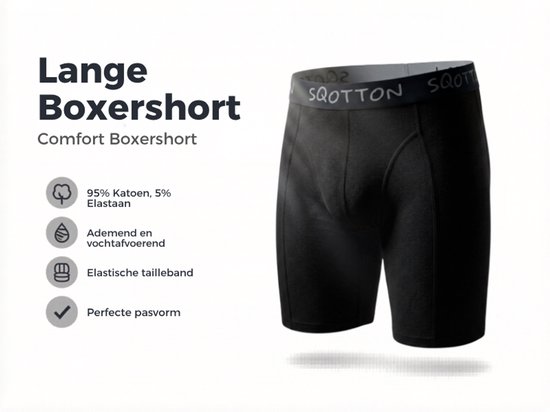 Zwarte SQOTTON lange boxeshort, 95% katoen, 5% elastaan. Ademend, vochtafvoerend, elastische tailleband.