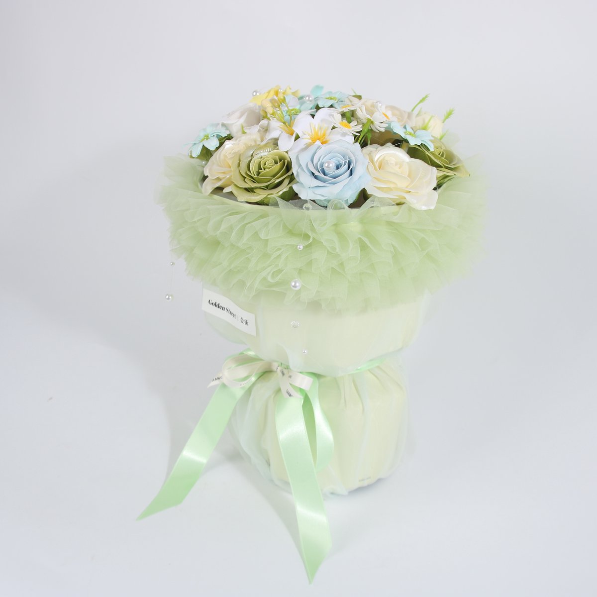 La Roselle Amsterdam Luxe Kunstbloemenboeket Pastel Groen & Ivoor – Rozen, Orchideeën en Margrietjes – Onderhoudsvrij Decoratieboeket – Rose Bouquet Collection