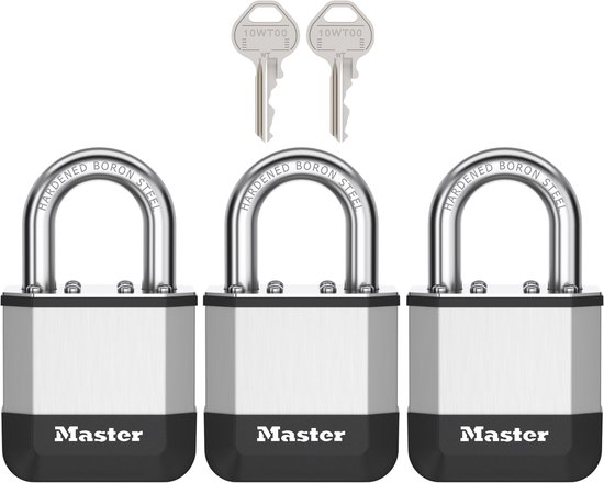 Set van drie Masterlock hangsloten met twee zilverkleurige sleutels.