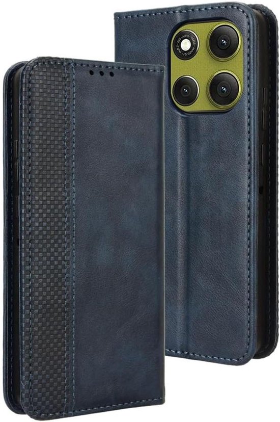 Twee blauwe telefoonhoesjes, één gesloten en één open, met een gestructureerd middenpaneel.