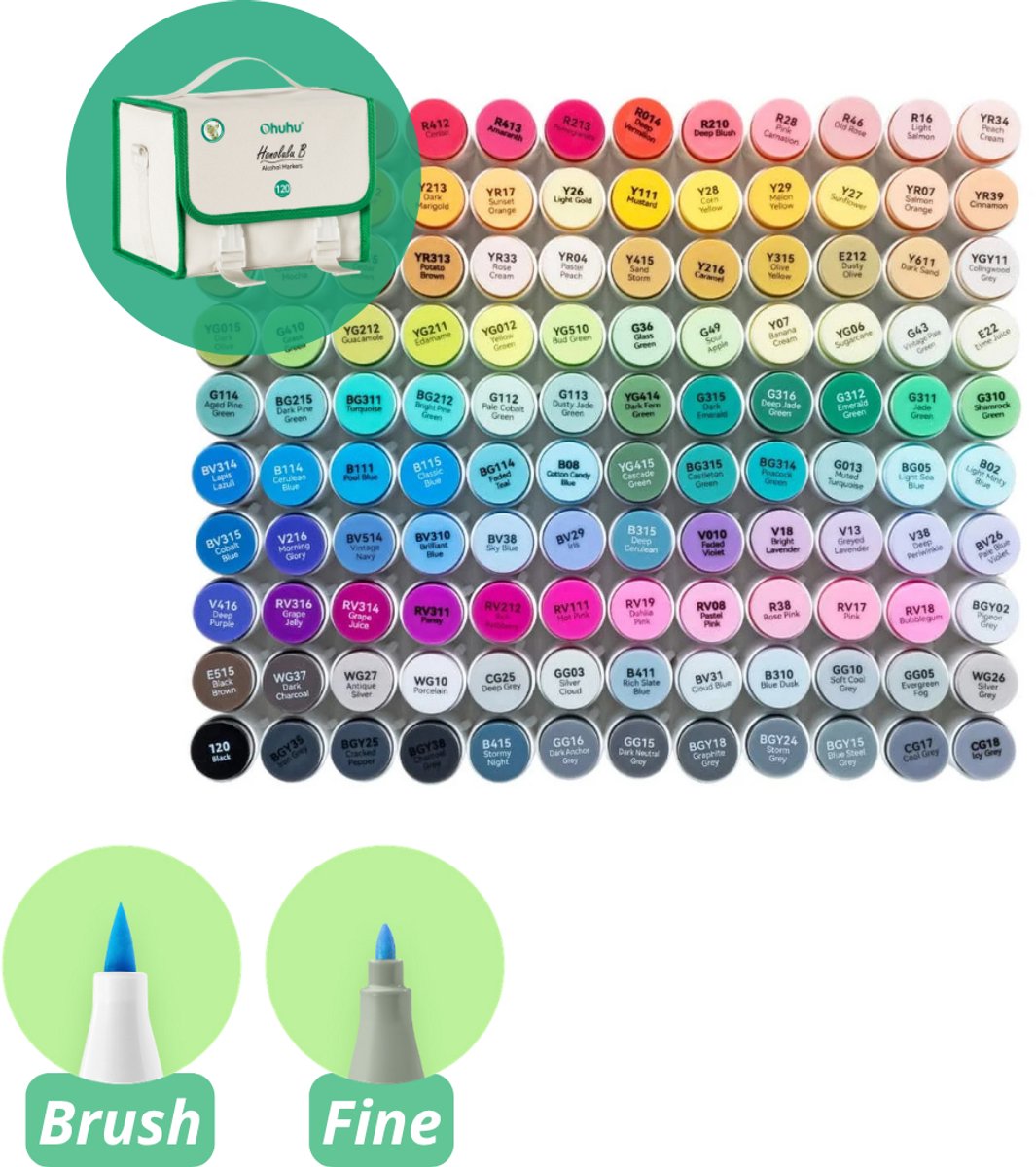 Ohuhu - Honolulu B Brush & Fine - Alcohol Art Markers - 120 kleuren - grijze etui