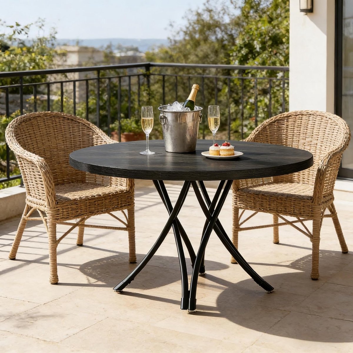 Noir Elegance Ronde Eettafel 120 cm voor 4-6 Personen – Moderne Zwarte Eettafel met Kruispoten, Ruimtebesparende Keukentafel, Vergadertafel en Woonkamertafel, 120 x 120 x 75 cm