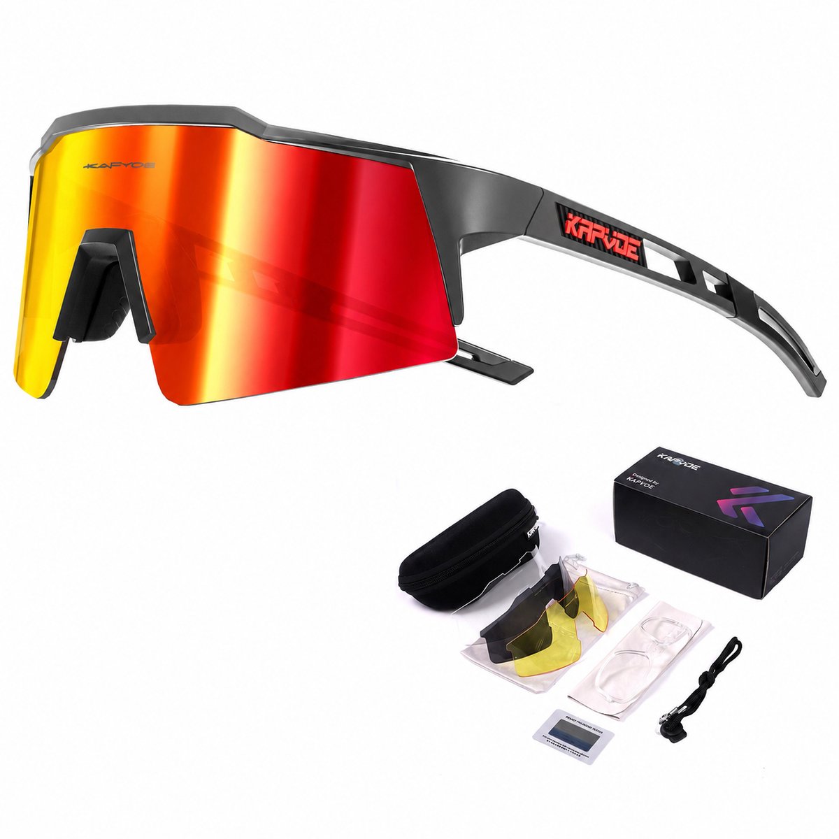 KAPVOE Sport Zonnebril - COMPLETE SET - 4 GLAZEN - Fietsbril - Sportbril - Mountainbike - Wielren - Ski - Wintersport - Sneeuw - Polariserend - UV 400 - Nachtbril - Hoesje -Brillenkoker - Zwart - apres ski