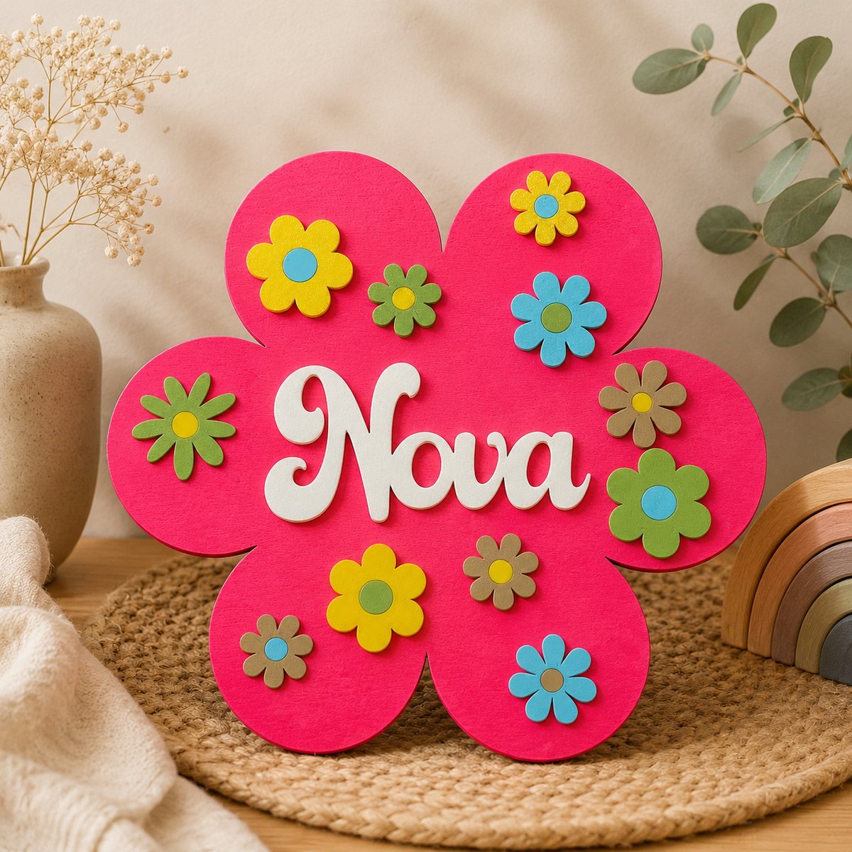 Naambordje Flower Power - Vrolijk naambordje voor iedere kamer en slaapkamer - perfecte decoratie voor de kinderkamer - 30,5cm breed en 31cm hoog