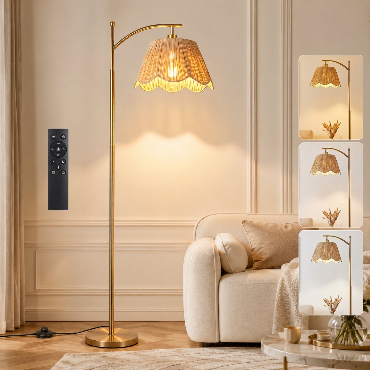Rosnek Boho Vloerlamp Handgeweven - Rotan Look Staande Lamp met Afstandsbediening - Dimbaar 9W Slimme LED & Timer - Geheugenfunctie - Gevlochten Lampenkap - Voetschakelaar - Bohemian Japandi Interieur - voor Woonkamer Slaapkamer - Goud - 170 cm