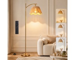 Rosnek Boho Vloerlamp Handgeweven – Rotan Look Staande Lamp met Afstandsbediening – Dimbaar 9W Slimme LED & Timer – Geheugenfunctie – Gevlochten Lampenkap – Voetschakelaar – Bohemian Japandi Interieur – voor Woonkamer Slaapkamer – Goud – 170 cm