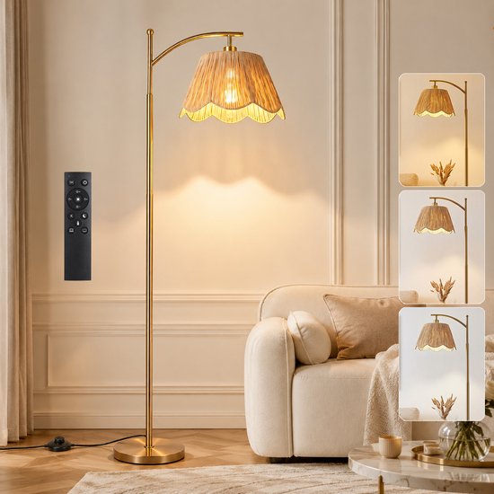 Lampadaire Rosnek Boho tissé à la main - Lampadaire aspect rotin avec télécommande - LED intelligente dimmable 9W et minuterie - Fonction mémoire - Abat-jour tressé - Interrupteur au pied - Intérieur bohème Japandi - pour salon chambre - Or - 170 cm