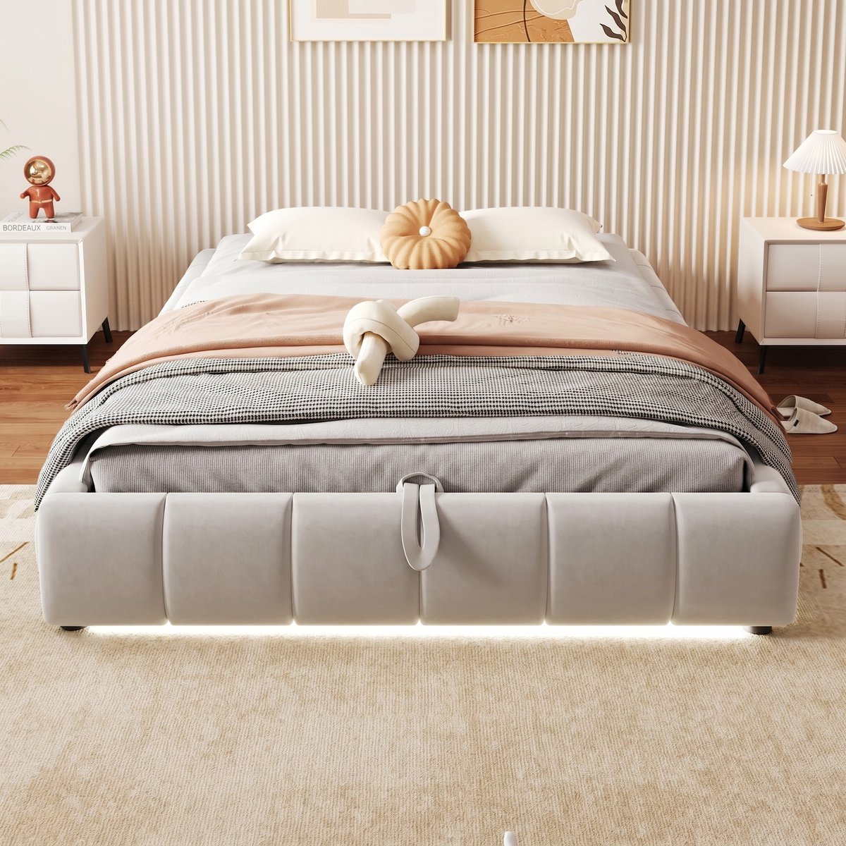 VVBV Bed met opbergruimte 140x200 / Tweepersoonsbed 140x200 – met Hydraulische Opbergruimte, LED-Verlichting – Hoofdbord – Tienerbed – Beige