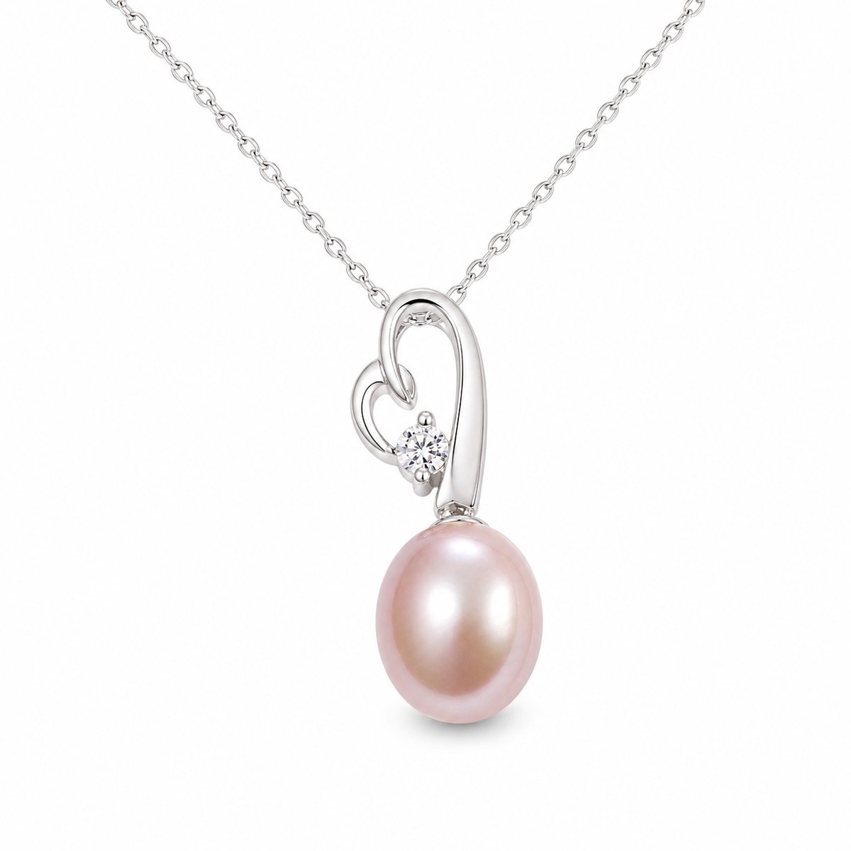 Zilveren ketting met roze zoetwaterparel en zirkonia – elegante damesketting met parelhanger – verfijnd collier met romantische uitstraling in hartvorm