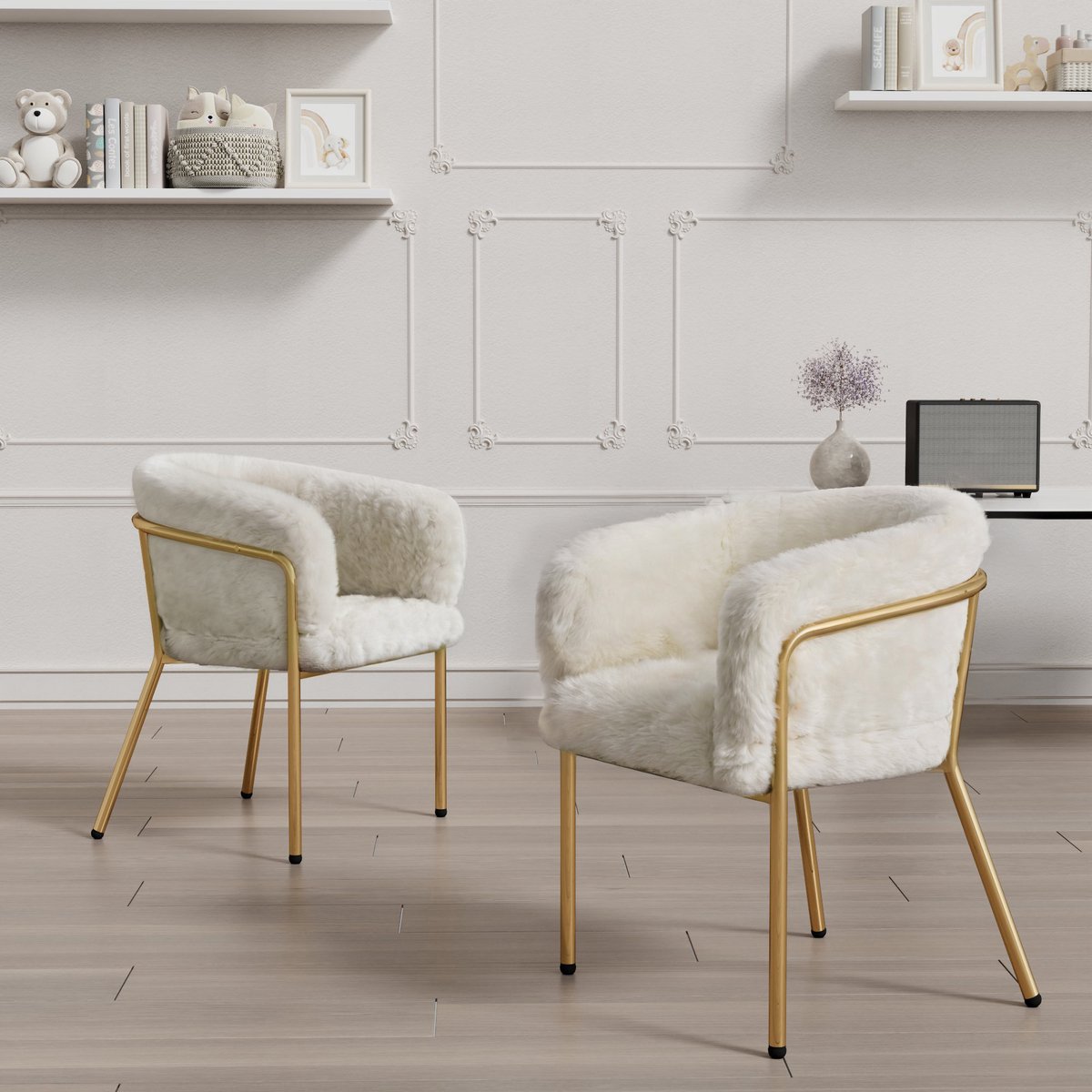 Clruro Eetkamerstoel - 2 Stuks - Ankleide Vrijetijdsstoel Licht Luxe - Vier Metalen Poten - Kaninchen Bont Imitatie - Wit