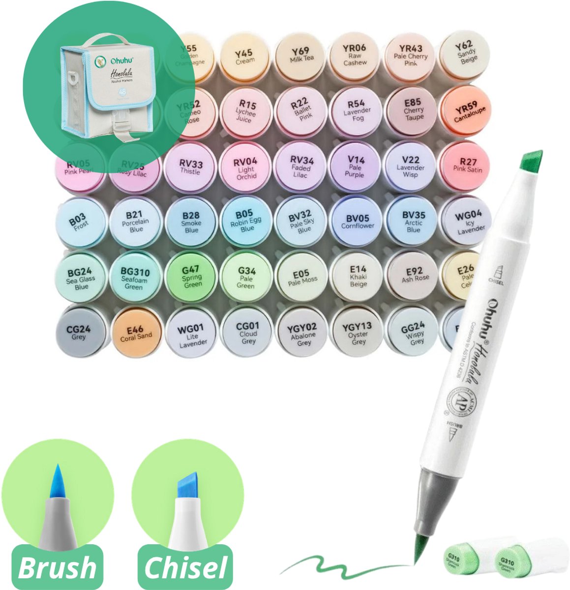 Ohuhu - Honolulu Brush & Chisel - Alcohol Art Markers - 48 Pastel kleuren - Sweetness - grijze etui