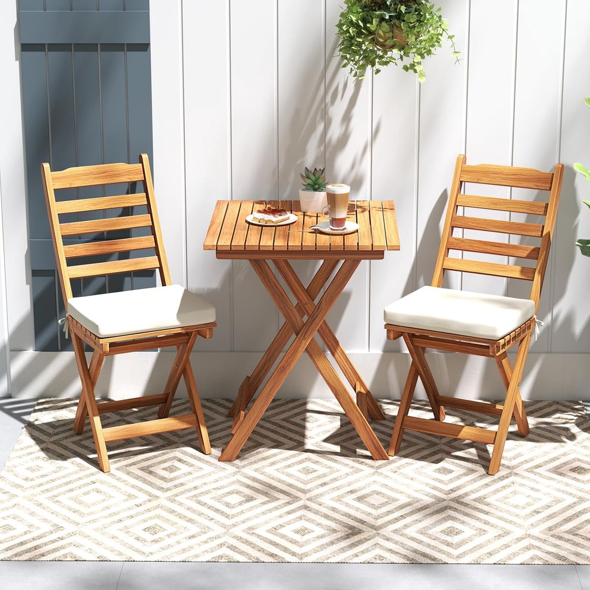 Balkonset Acaciahout Inklapbaar 3-Delig met 2 Stoelen, 2 Kussens en Tafel 57 x 57 x 72 cm – Bistroset Tuinset Balkonmeubelset Tuinmeubelen Natuur 58 x 42 x 86 cm – Mobili Bella