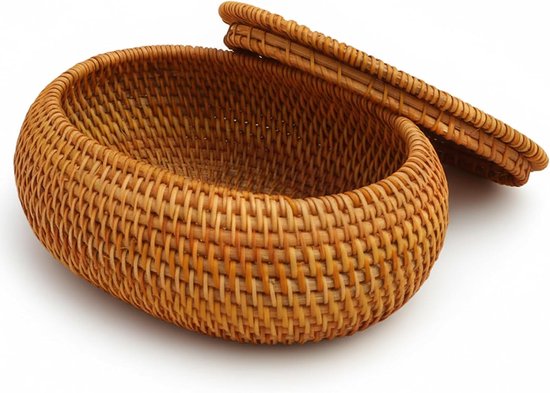 Panier en osier avec couvercle Rotin naturel Panier de rangement pour l'organisation de la maison Boîte décorative ronde pour clés, collations, fruits Rangement ovale en osier avec couvercle