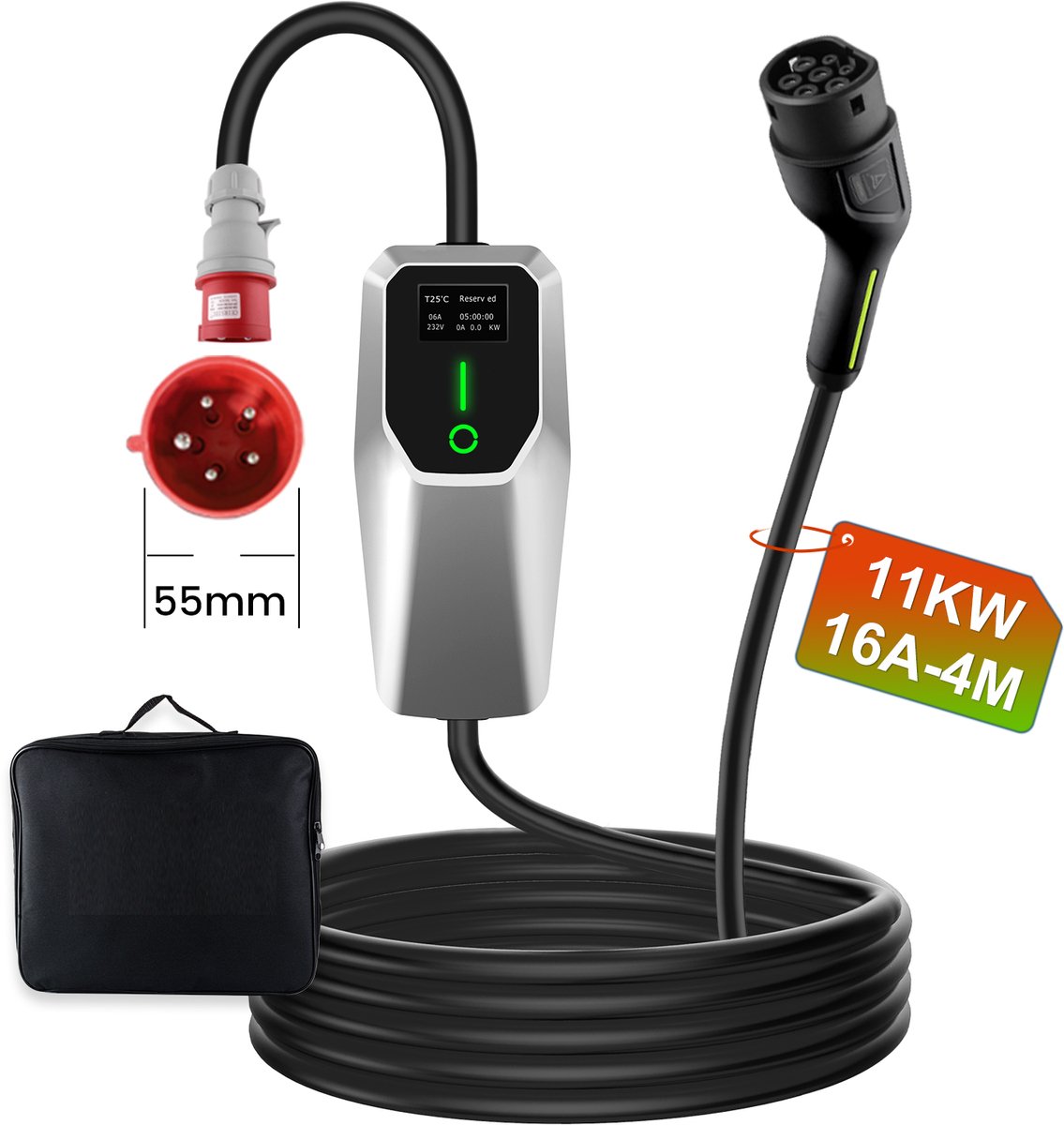 Hexinex Mobiele Thuislader 11kW met APP - CEE naar Type 2 stekker - 4 meter Laadkabel - 16A 3 fase - IP66 Waterdicht EV Oplader - LCD Digitaal Display