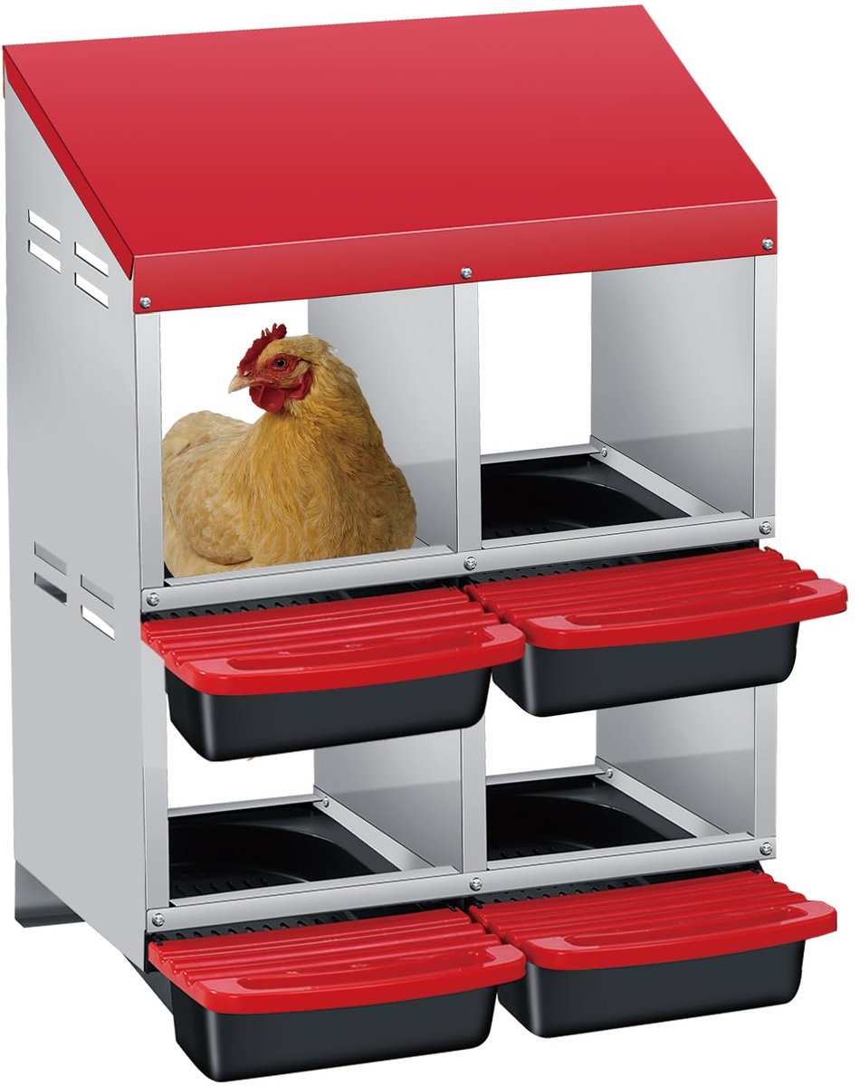 Kippenlegnest - Nistkast voor Kippen - Voor Buiten en Pluimvee - 53x34x78,5 cm - 4 Afdelingen Dubbellaags - Rood