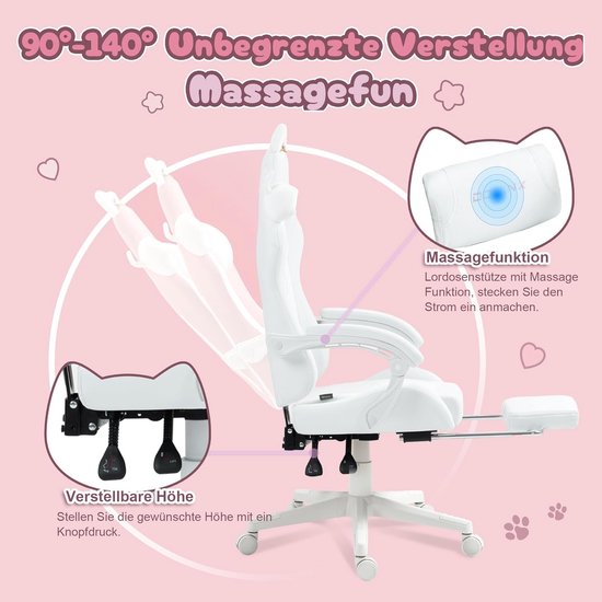 Gamingstoel Katteneditie - Computerstoel Ergonomisch - Langdurig Zitten - Verstelbare Rugleuning - Max 150 kg - Sneeuwwit — afbeelding 3
