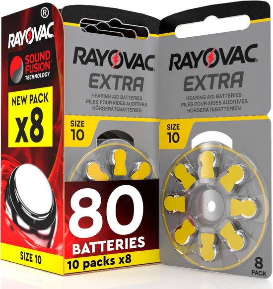 Voordeelpak met 80 Rayovac Extra gehoorapparaatbatterijen, maat 10. Bestaat uit 10 verpakkingen van elk 8 batterijen.