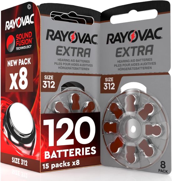 Rayovac Extra hoorbatterijen, 120 stuks in 15 pakken van 8. Batterijenmaat 312.