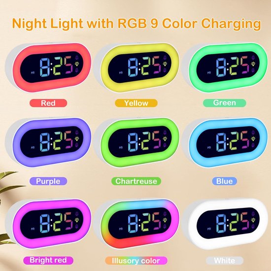 Digitale Wekker - Kinderwekker Nachtlampje - Kinderkamer Inrichten - RGB Verlichting 18 Melodieën - USB Oplaadbaar - Wit — afbeelding 5