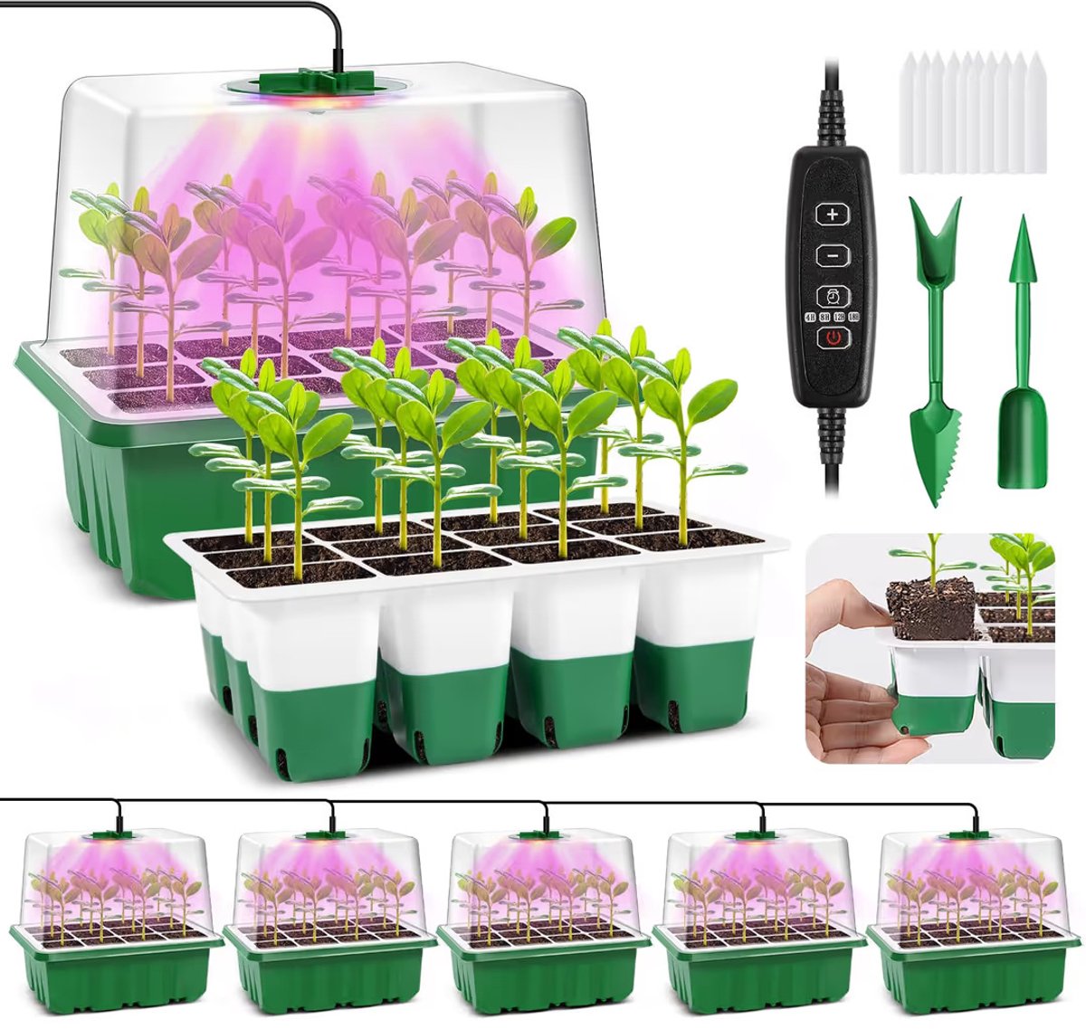 Zaaitrays met kweeklamp - 5-pack kweekbak - Moestuin Kweekkas - Met tijdsregelaar en instelbare helderheid - Met vochtigheidskoepels en verhoogde deksels voor kassen en tuinen - Kweektafel - Groeilicht - Kweekbakken groenten