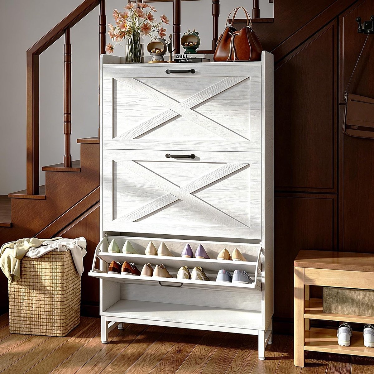Schoenenkast smal met 3 kleppen – House&Garden Hoge Schoenenkast 80x24x138 cm – Opbergkast voor 18–24 paar schoenen – Gangmeubel wit met verstelbare scheidingswanden – Ruimtebesparend schoenenrek voor hal en entree