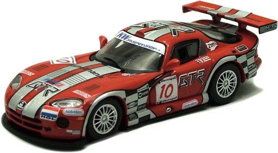 Een rode Chrysler Viper GTS-R met zilveren strepen en nummer 10, zichtbaar van voren en vanaf de zijkant.
