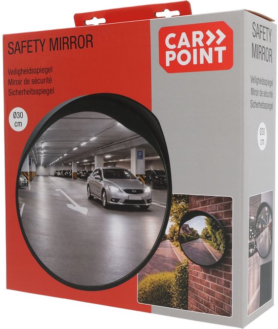 Emballage d'un miroir de sécurité Carpoint, avec une image d'un parking et un petit miroir sur un mur de briques.