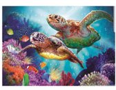 Twee zeeschildpadden zwemmen in kleurrijk koraalrif, omringd door kleine vissen en bubbels.