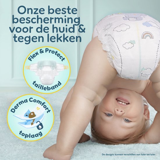 Een baby ondersteboven. Luier met de tekst "Onze beste bescherming voor de huid & tegen lekken".