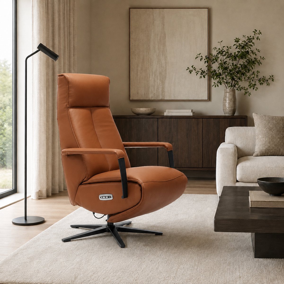 Relaxfauteuil Jesse - met accu - 70x83x113 cm - echt leer - cognac